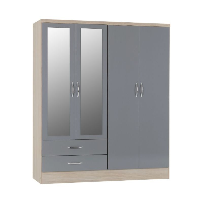 A grey and beige wardrobe featuring two doors, elegantly designed for modern interior decor.