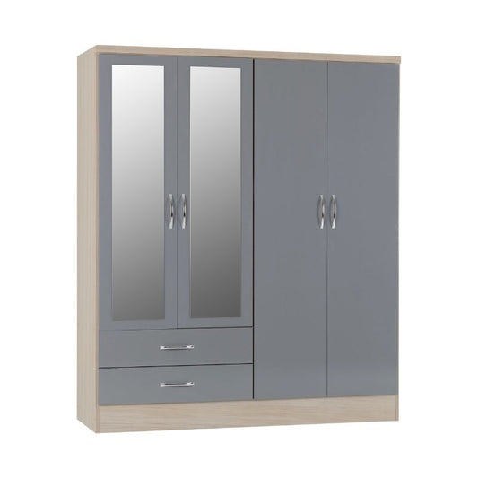 A grey and beige wardrobe featuring two doors, elegantly designed for modern interior decor.