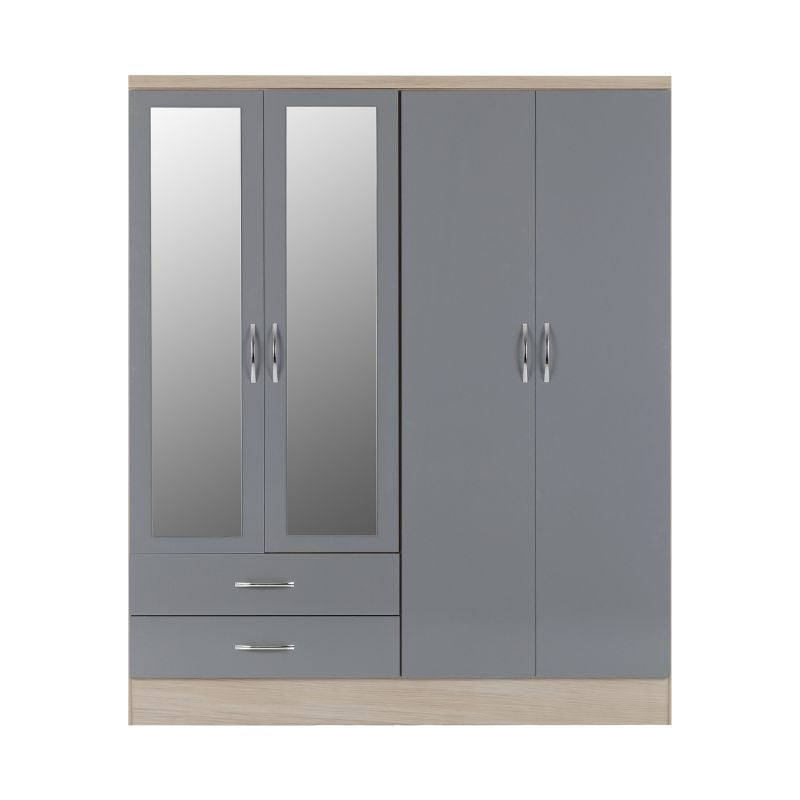 Seconique Nevada 4 Door 2 Drawer Mirrored Wardrobe Grey Gloss/Light Oak Effect Veneer