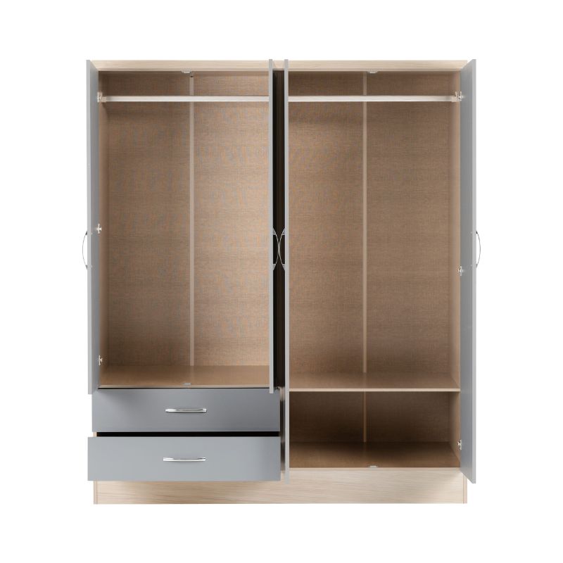 Seconique Nevada 4 Door 2 Drawer Mirrored Wardrobe Grey Gloss/Light Oak Effect Veneer