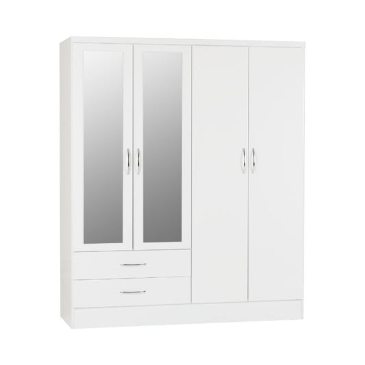 A white wardrobe featuring two mirrored doors, elegantly designed for a modern interior space.