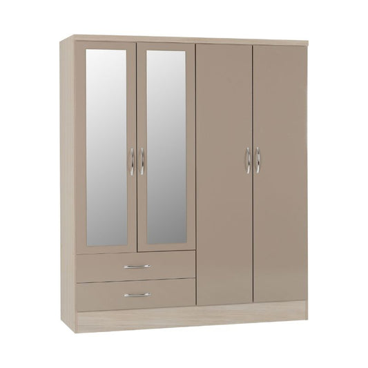 A beige wardrobe featuring two mirrored doors, elegantly designed for a stylish storage solution.