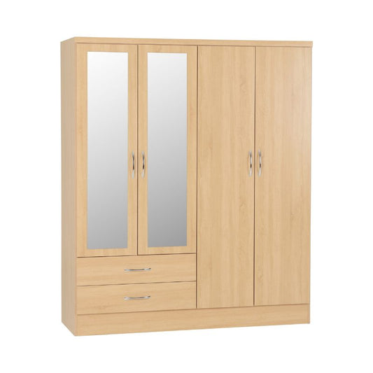 A wooden wardrobe featuring two doors and a central mirror, showcasing a classic and elegant design.