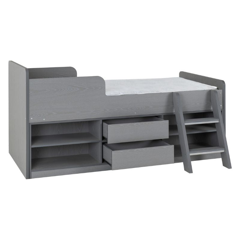 A grey bunk bed featuring built-in drawers and a sturdy ladder for easy access to the top bunk.