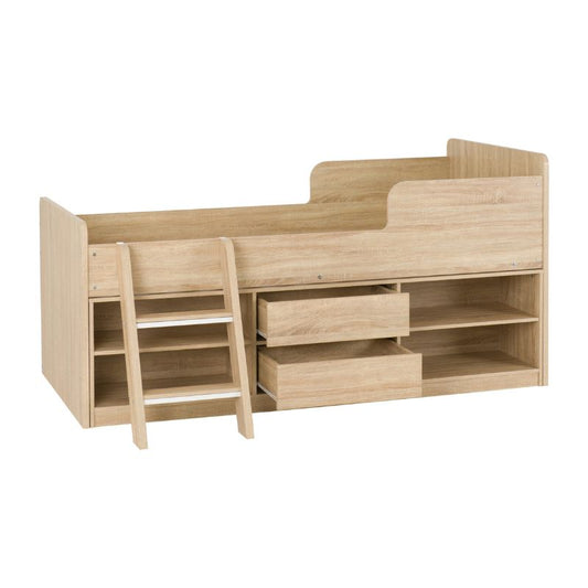 A wooden bed featuring built-in drawers and a ladder for easy access to the upper sleeping area.