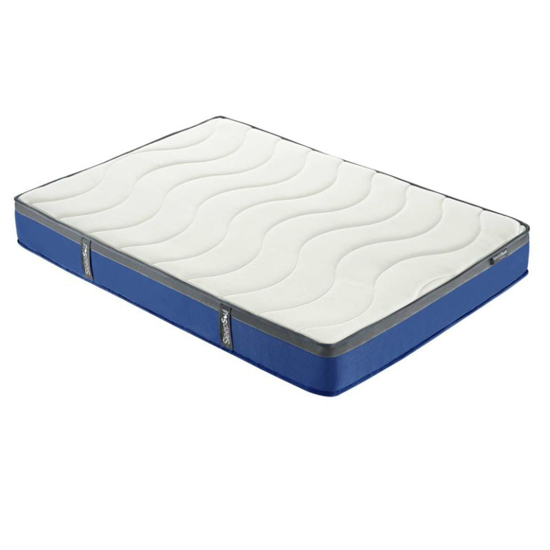 A blue and white mattress featuring a soft white cover, elegantly displayed in a well-lit room.
