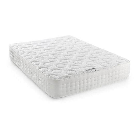 A mattress featuring a white cover, set against a white backdrop, showcasing a sleek and modern appearance.