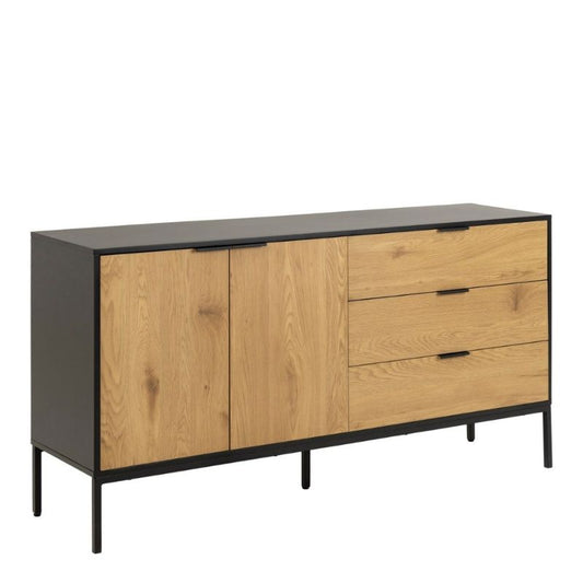 A wooden sideboard featuring three drawers, showcasing a classic design suitable for various interior styles.