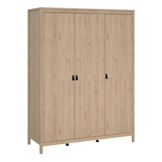 A wooden armoire featuring three doors and two drawers, showcasing a classic and elegant design for storage.