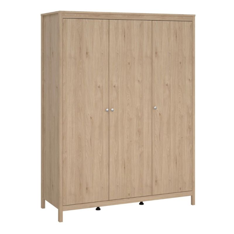 A three-door wooden armoire, elegantly crafted with a natural finish, perfect for storage and decor.