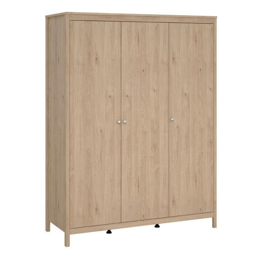 A three-door wooden armoire, elegantly crafted with a natural finish, perfect for storage and decor.