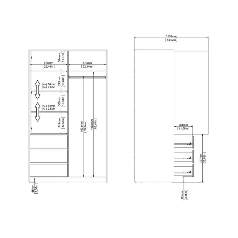 A white wardrobe featuring two doors and multiple drawers, elegantly designed for storage and organization.