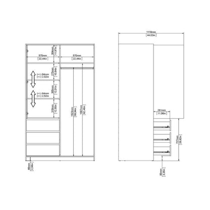 A white wardrobe featuring two doors and multiple drawers, elegantly designed for storage and organization.