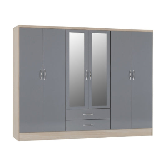 Seconique Nevada 6 Door 2 Drawer Mirrored Wardrobe Grey Gloss & Light Oak
