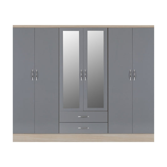Seconique Nevada 6 Door 2 Drawer Mirrored Wardrobe Grey Gloss & Light Oak