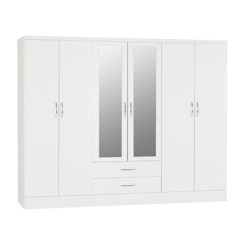 Seconique Nevada 6 Door 2 Drawer Mirrored Wardrobe White Gloss