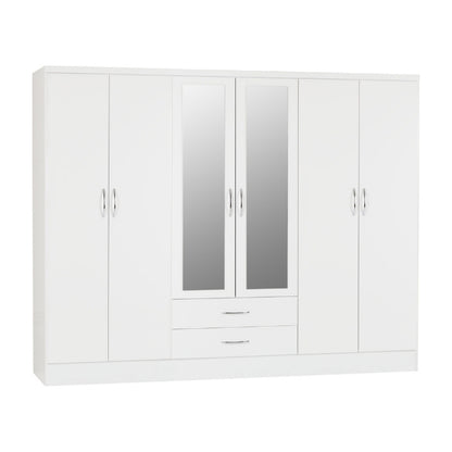 Seconique Nevada 6 Door 2 Drawer Mirrored Wardrobe White Gloss