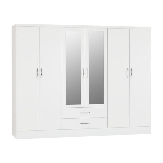 Seconique Nevada 6 Door 2 Drawer Mirrored Wardrobe White Gloss