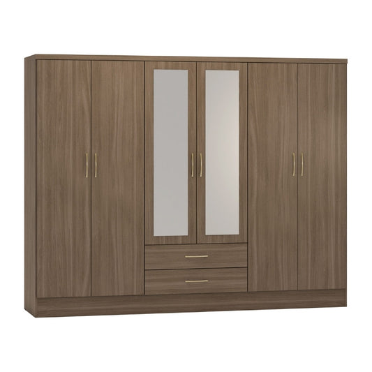 Seconique Nevada 6 Door 2 Drawer Mirrored Wardrobe Rustic Oak Effect