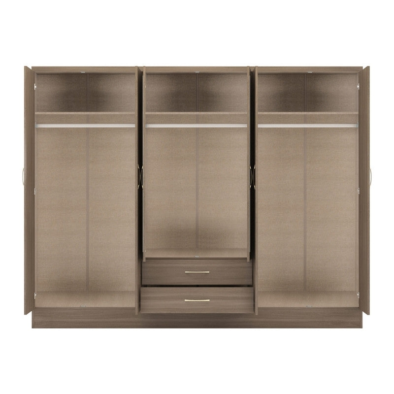 Seconique Nevada 6 Door 2 Drawer Mirrored Wardrobe Rustic Oak Effect