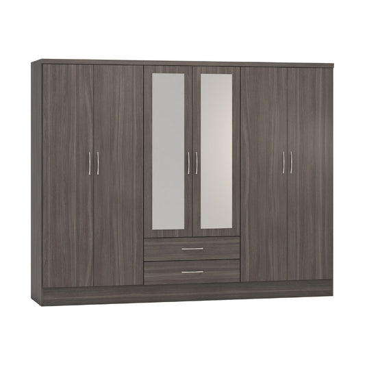 Seconique Nevada 6 Door 2 Drawer Mirrored Wardrobe Black Wood Grain