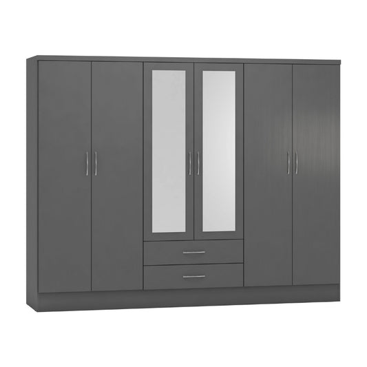 Seconique Nevada 6 Door 2 Drawer Mirrored Wardrobe 3D Effect Grey