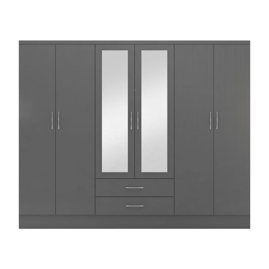 Seconique Nevada 6 Door 2 Drawer Mirrored Wardrobe 3D Effect Grey