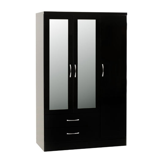 Seconique Nevada 3 Door 2 Drawer Mirrored Wardrobe Black Gloss