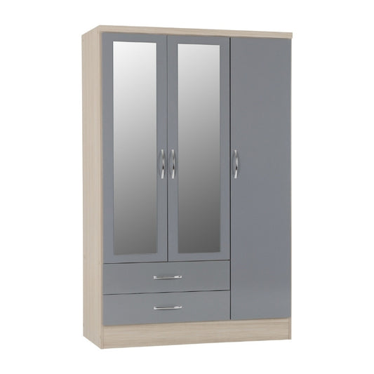 Seconique Nevada 3 Door 2 Drawer Mirrored Wardrobe Grey Gloss & Light Oak