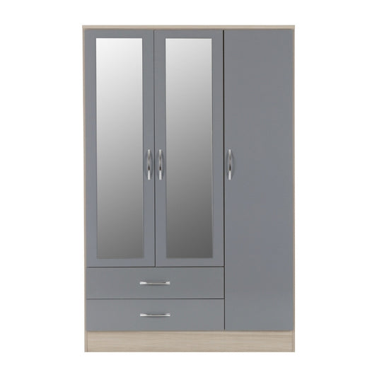 Seconique Nevada 3 Door 2 Drawer Mirrored Wardrobe Grey Gloss & Light Oak
