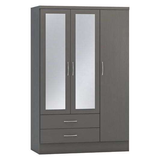 Seconique Nevada 3 Door 2 Drawer Mirrored Wardrobe 3D Effect Grey