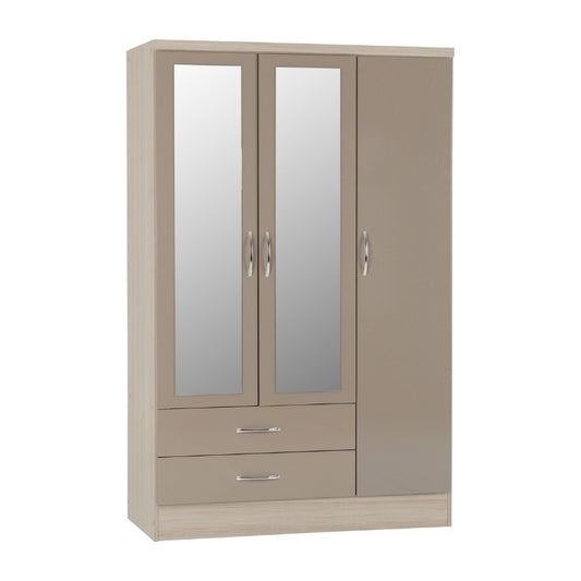 Seconique Nevada 3 Door 2 Drawer Mirrored Wardrobe Oyster Gloss & Light Oak
