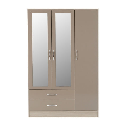 Seconique Nevada 3 Door 2 Drawer Mirrored Wardrobe Oyster Gloss & Light Oak