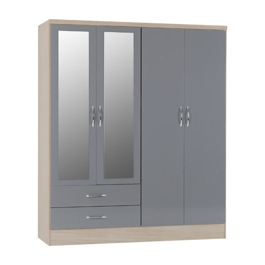 Seconique Nevada 4 Door 2 Drawer Mirrored Wardrobe Grey Gloss & Light Oak