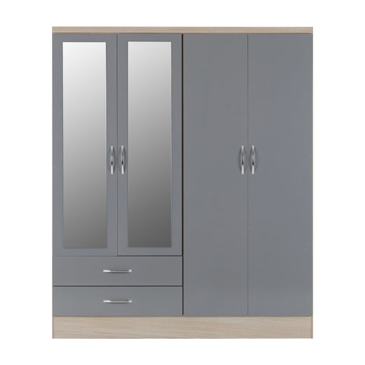 Seconique Nevada 4 Door 2 Drawer Mirrored Wardrobe Grey Gloss & Light Oak