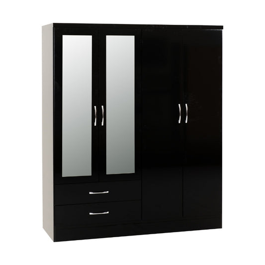 Seconique Nevada 4 Door 2 Drawer Mirrored Wardrobe Black Gloss
