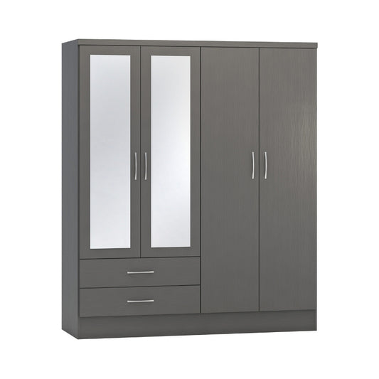 Seconique Nevada 4 Door 2 Drawer Mirrored Wardrobe 3D Effect Grey