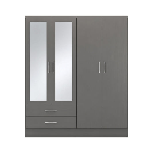 Seconique Nevada 4 Door 2 Drawer Mirrored Wardrobe 3D Effect Grey