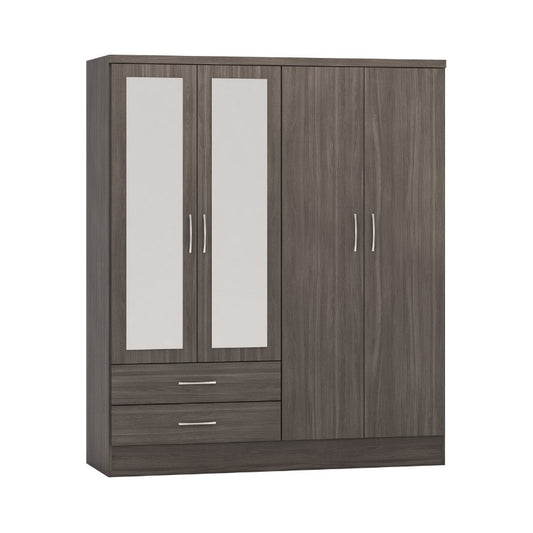 Seconique Nevada 4 Door 2 Drawer Mirrored Wardrobe Black Wood Grain