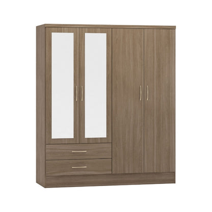 Seconique Nevada 4 Door 2 Drawer Mirrored Wardrobe Rustic Oak Effect