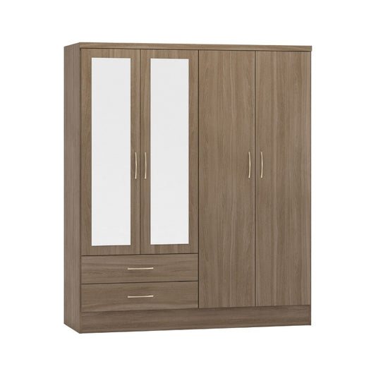 Seconique Nevada 4 Door 2 Drawer Mirrored Wardrobe Rustic Oak Effect