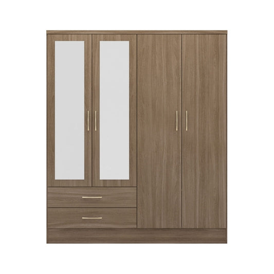 Seconique Nevada 4 Door 2 Drawer Mirrored Wardrobe Rustic Oak Effect
