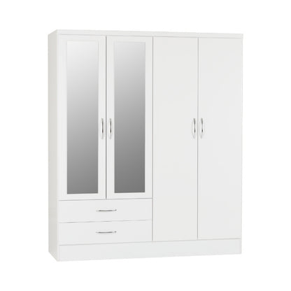 Seconique Nevada 4 Door 2 Drawer Mirrored Wardrobe White Gloss