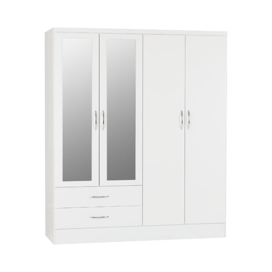 Seconique Nevada 4 Door 2 Drawer Mirrored Wardrobe White Gloss