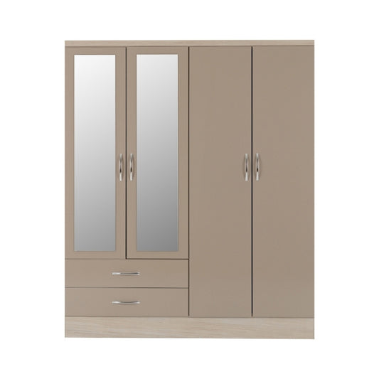 Seconique Nevada 4 Door 2 Drawer Mirrored Wardrobe Oyster Gloss & Light Oak
