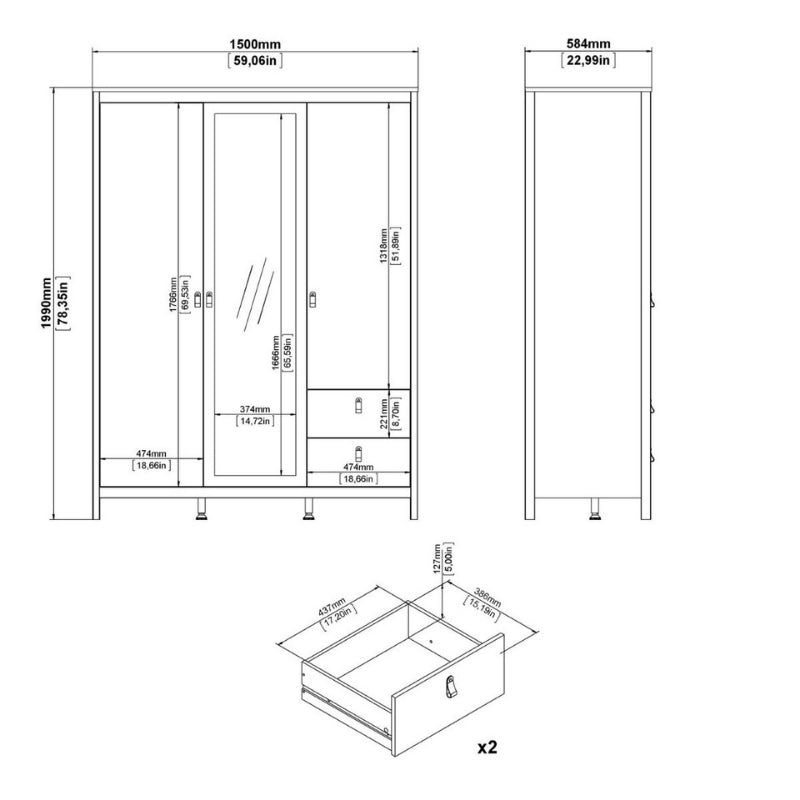 Furniture To Go Barcelona 2 Doors 1 Mirror Door 2 Drawers Wardrobe White