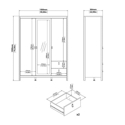 Furniture To Go Madrid 2 Doors 1 Mirror Door 2 Drawers Wardrobe Matte Black
