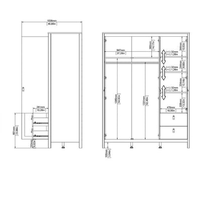 Furniture To Go Madrid 2 Doors 1 Mirror Door 2 Drawers Wardrobe Matte Black