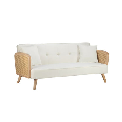 White couch with wooden legs and frame, minimalist design.