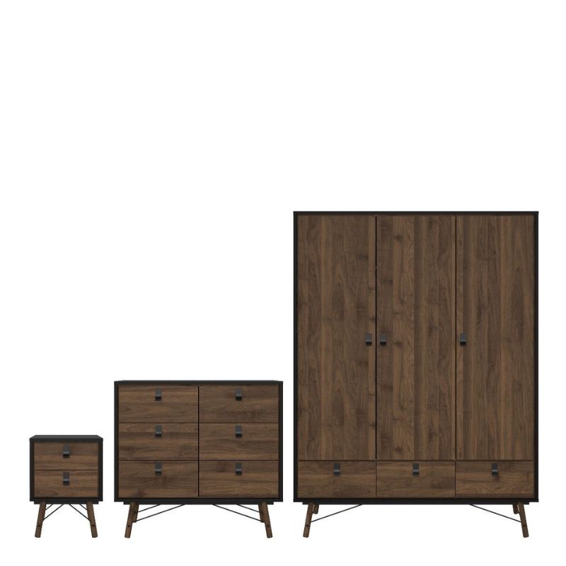 Furniture To Go Ry Package - Wardrobe 3 doors + 3 drawers + Double chest of drawers 6 drawers + Bedside cabinet 2 drawer in Matte Black Walnut